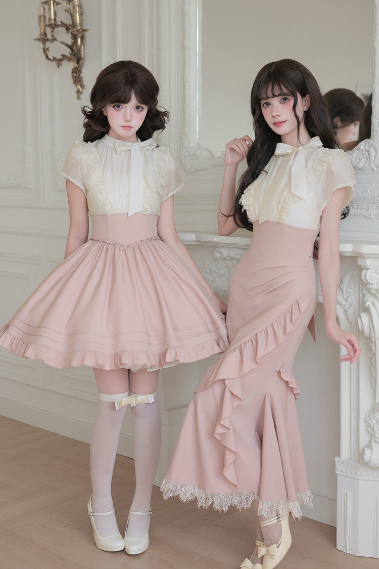 Blush & White Round Collar Short-Sleeve Ruffled Bow Lace Color-Blocked Boned Sweet Lolita Dress