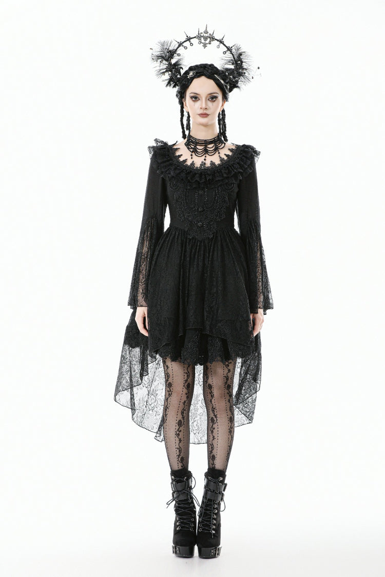 Gothic Black Lace Boat-Neck Trumpet-Sleeve High-Low Hem Elegant Long Gown
