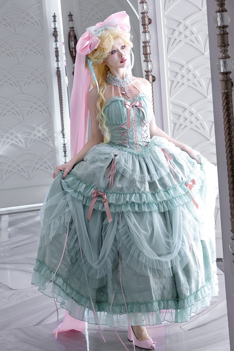 Green Cross Halterneck Lace-Up Sweet Lolita Dress - Ruffled Bowknot Lace