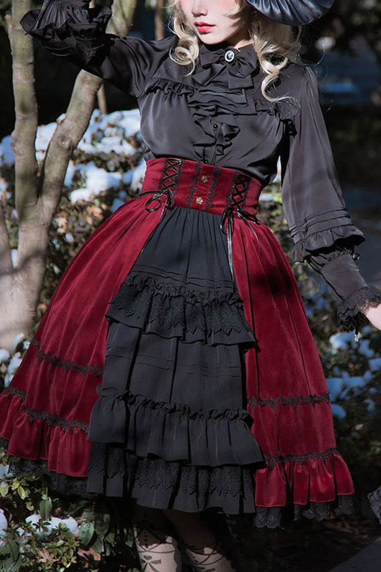 Black/Red Gothic Lolita Skirt Dress Stitching Cardigan Ruffled - Altfashion Shop