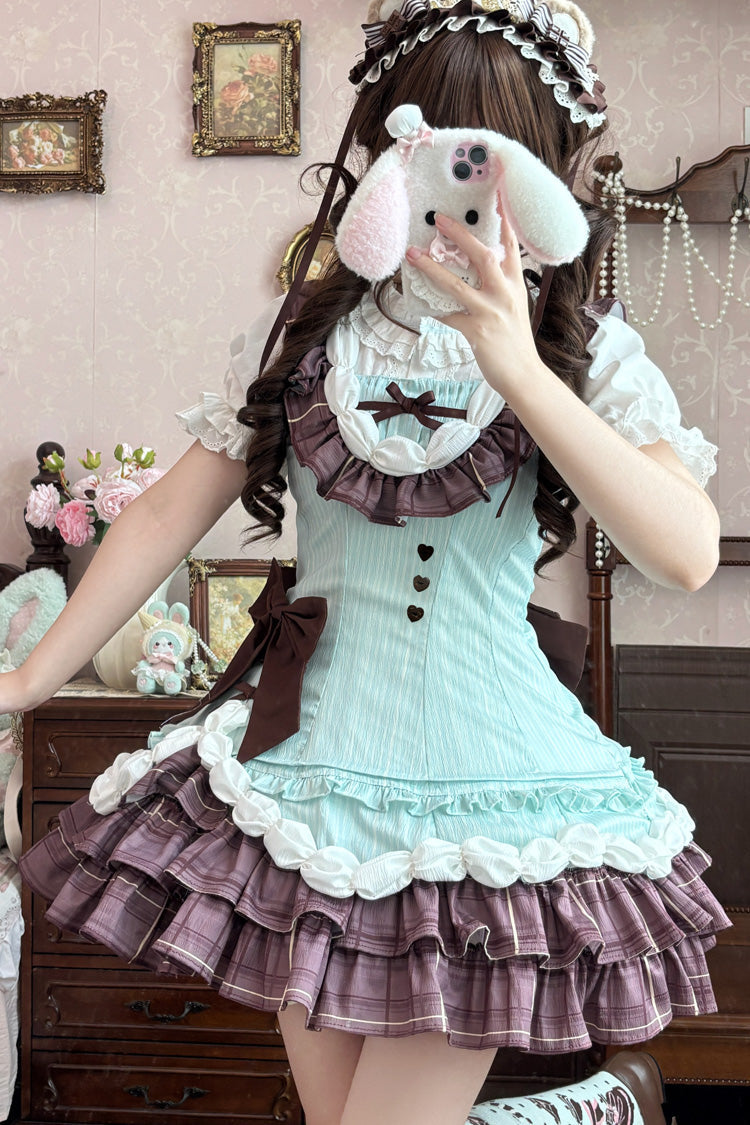 Green Brown Creamy Thin Chocolate Sleeveless Multi-Tiered Printed Ruffled Bow Asymmetric Sweet Lolita Jumper Dress