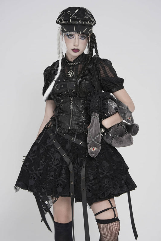Punk Skirt with Mesh Eyelet, Lace-Up & Double-Layered Irregular Design