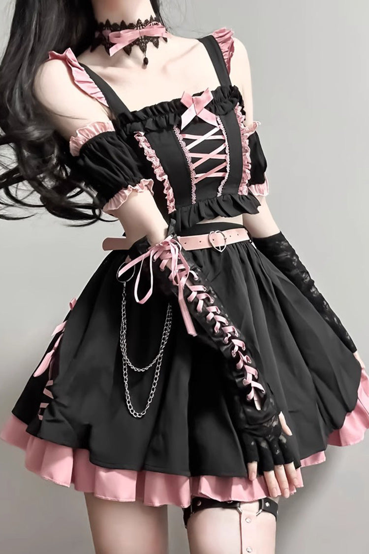 Black/Pink Tie Bow Gothic Sweet Strapless Two-Piece Dress Set - Sweet Lolita