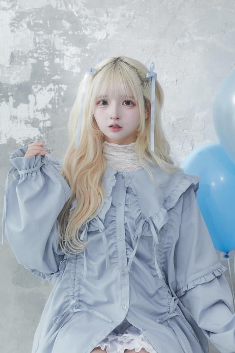 Japanese Blouse with Doll Collar, Long Sleeves, Ruffles, and Bow, 3 Colors
