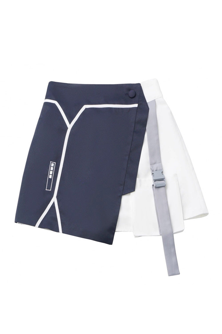 Blue/White Message Overload Techwear Long Sleeves Embroidered Asymmetric Jirai Kei Coat & Skirt Set
