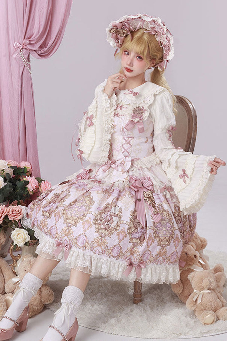 Antique Teddy Bear Sleeveless Printed Bow Lace Sweet Elegant Lolita Jsk Dress - Pink