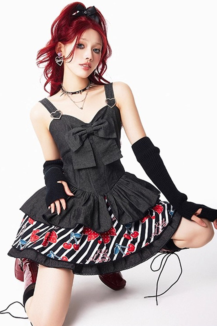 Triple-Layered Denim Print Ruffle JSK in Black