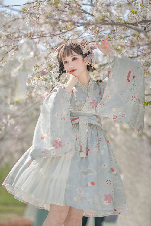 Cherry Blossom Print Trumpet Sleeve Ruffled Lace Sweet Lolita OP Dress