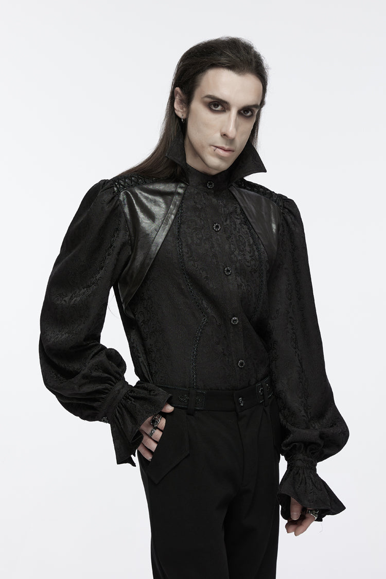 Jet-Black Gothic Blouse with Puffed Sleeves and Lace-Up Front for Men