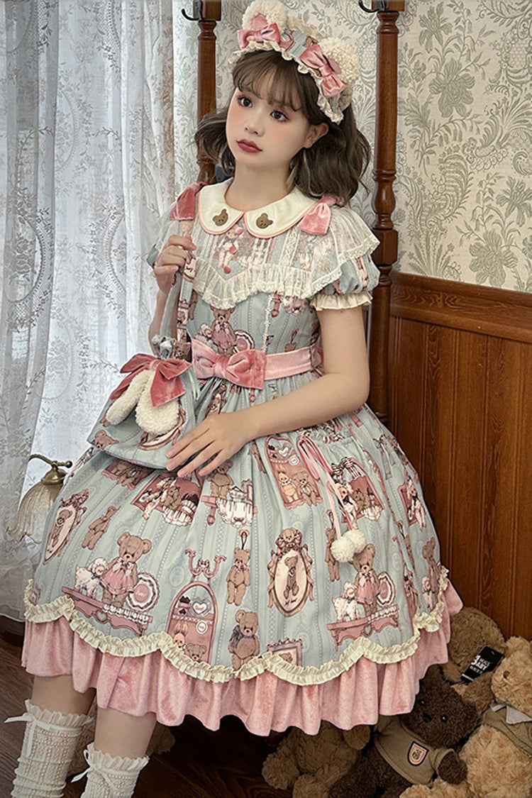 Pink Green Bear Wall Print Short Sleeves Ruffle Bow Sweet Lolita Dress