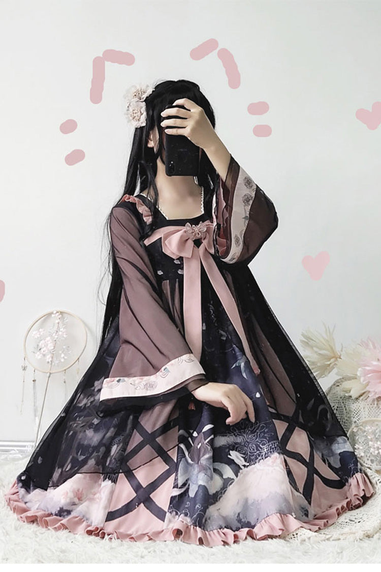 Black/Pink Chinese Style Sweet Lolita OP Dress Long Sleeves Bow - Altfashion Shop