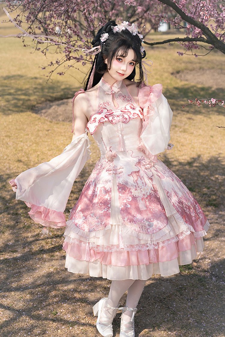 Flower Feast Pink Multi-Layered Print Ruffle Bowknot Sweet JSK Dress