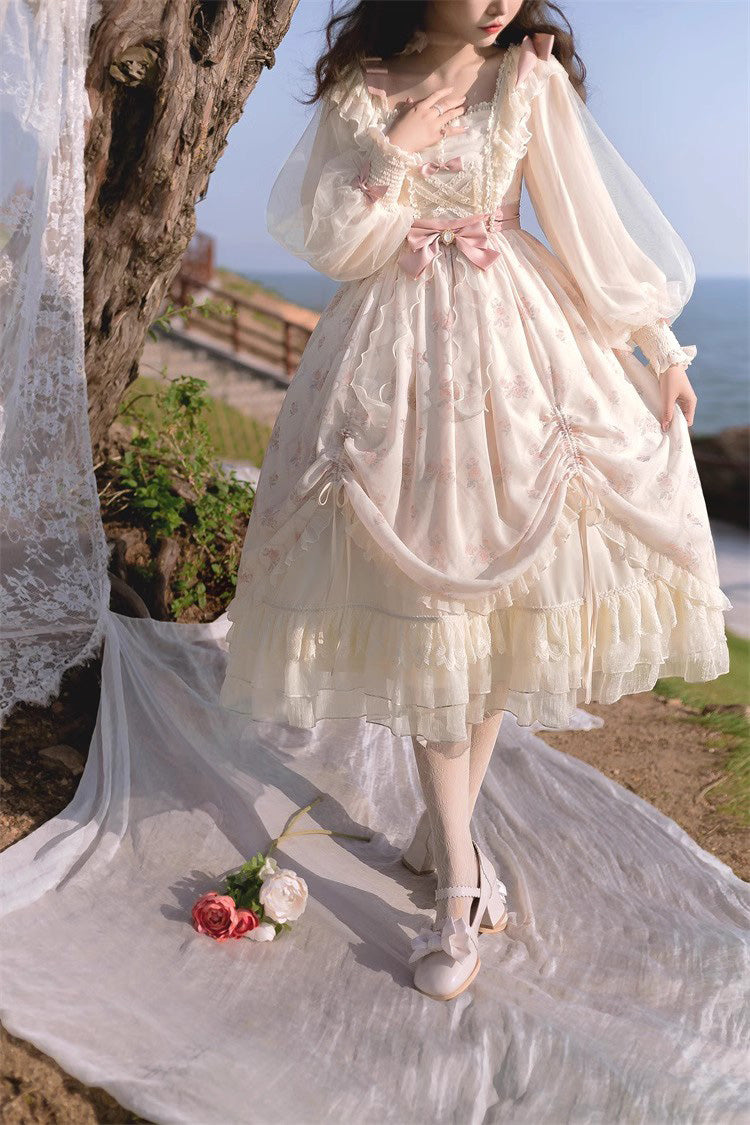 Ivory Letter Print Ruffle Bowknot Casual Elegant Lolita Dress