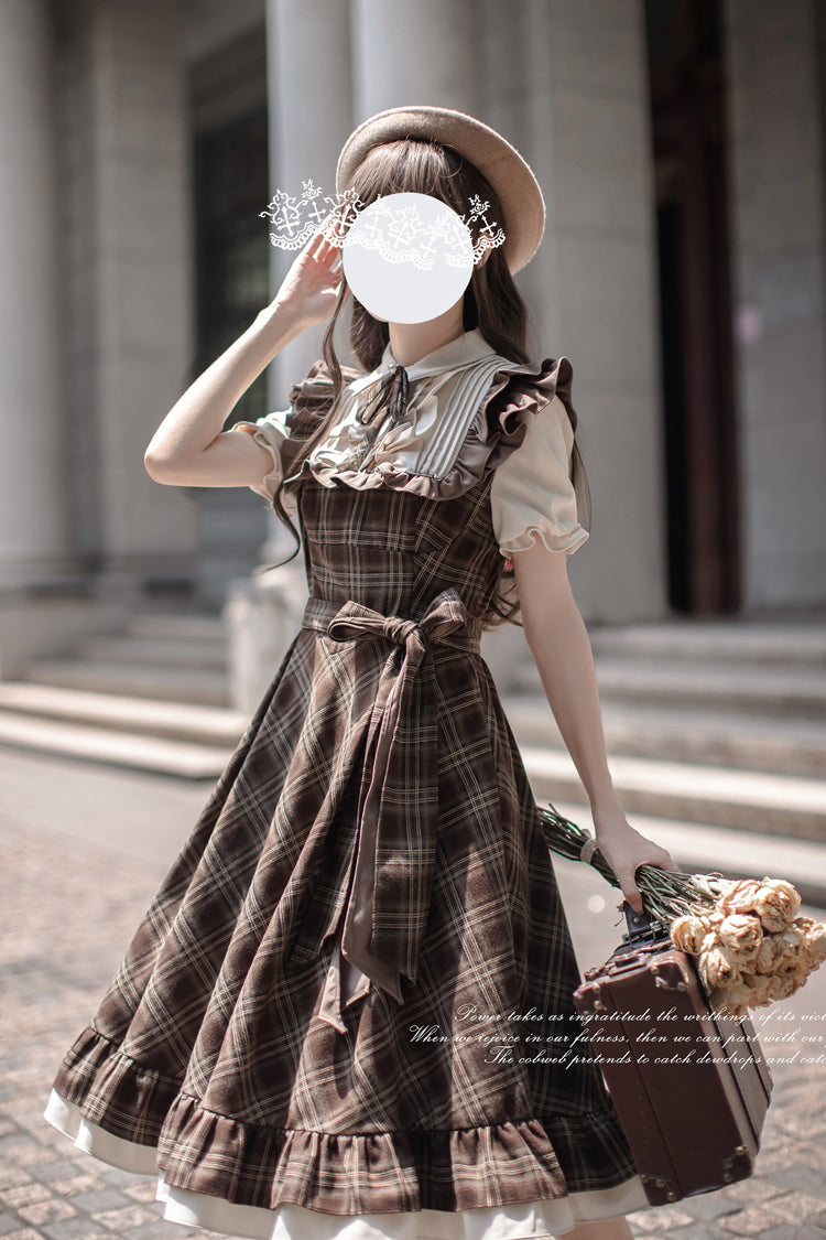 Brown Thames at Dusk Print Dress with Ruffled Bow and Short Sleeves