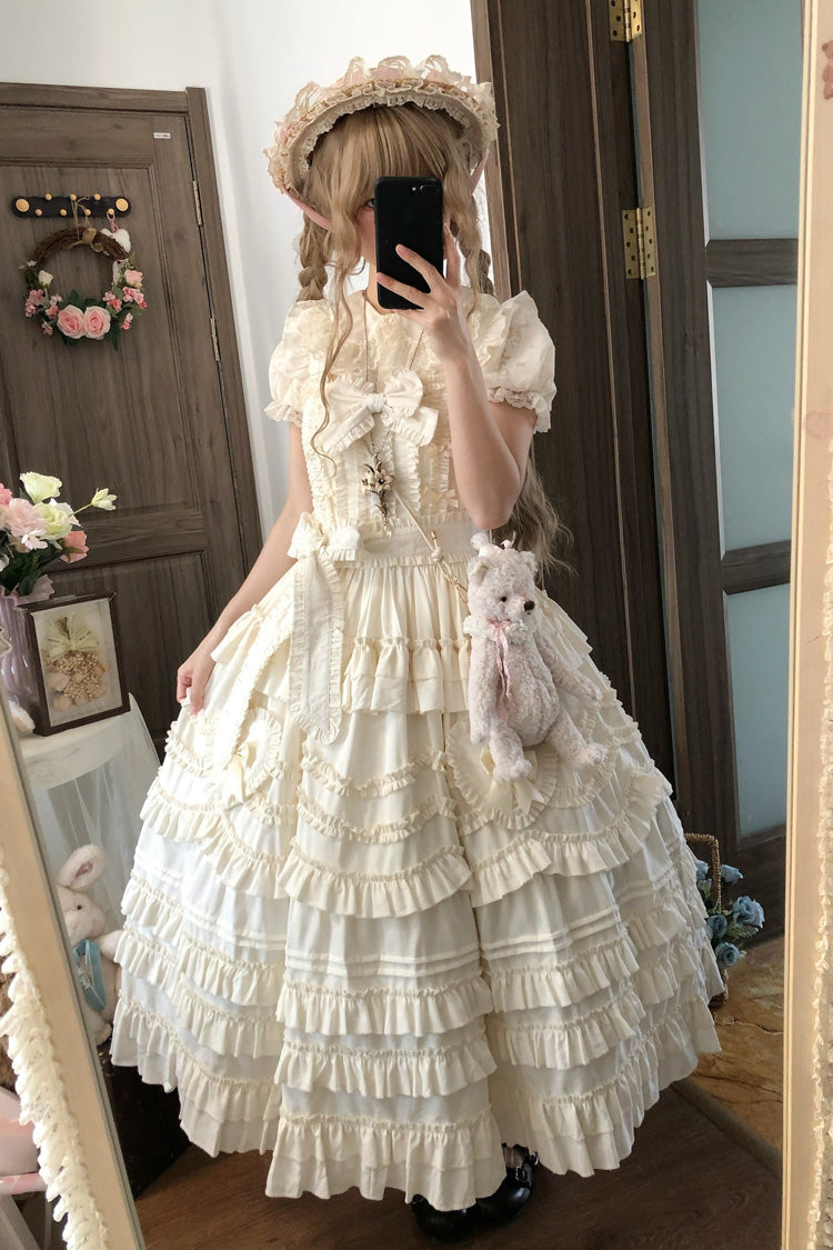 Apricot Sweet Lolita JSK Dress with Multi-Layer Ruffles and Bow Accents