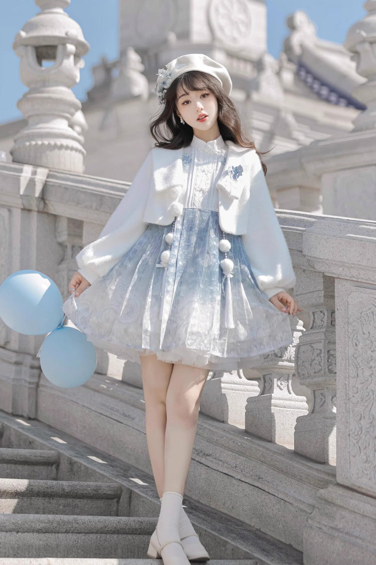 White Blue Printed Chinese Style JSK Set - Sweet Lolita Dress