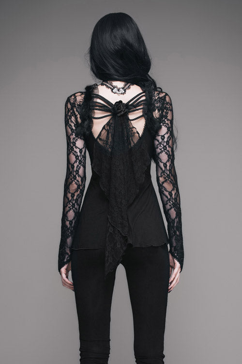 Gothic Mesh Tee with Rose Lace Trim and V-Neck