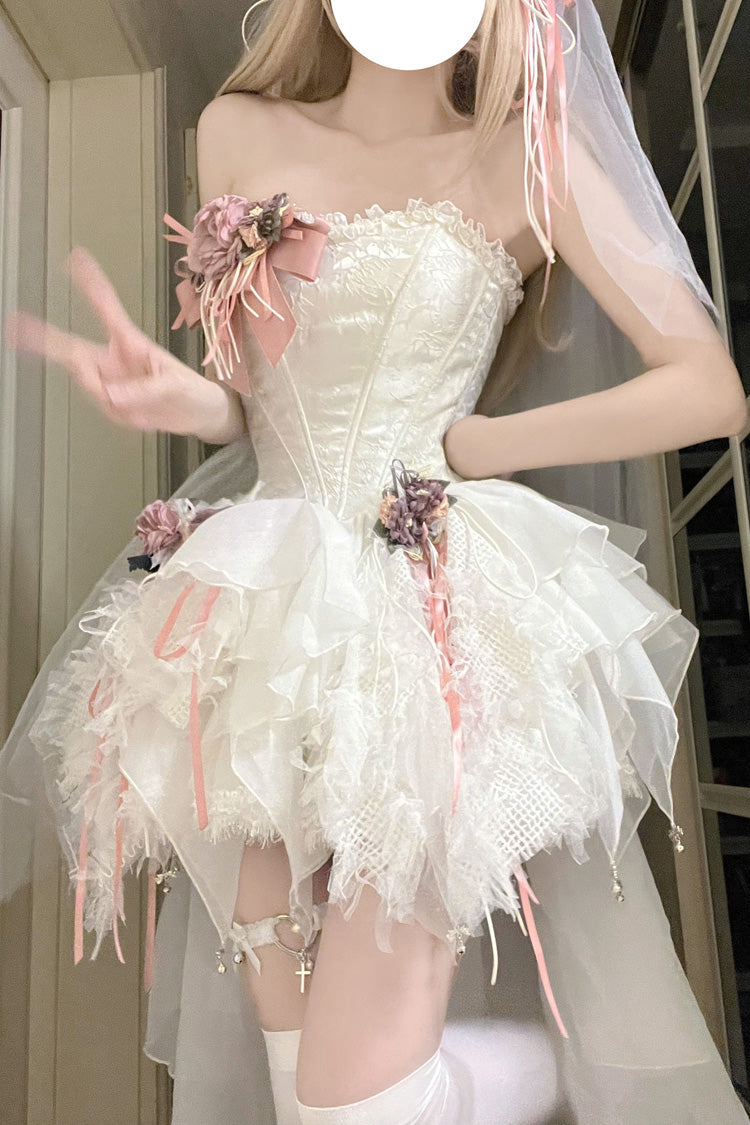 White Sleepless Poem Fishbone Asymmetric Sweet Lolita JSK Dress - Bowknot