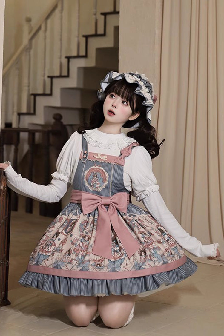 Blue Doll Print Bow Sweet Strap Dress