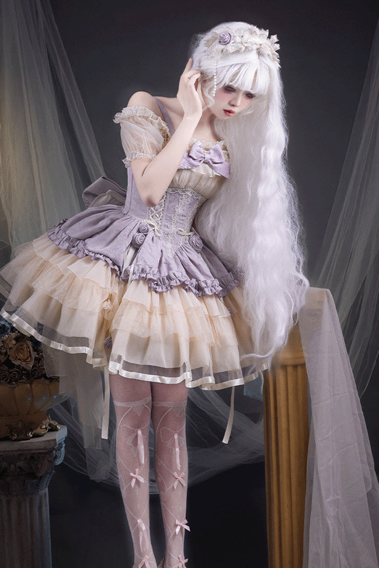 Triple-Layered Ballet Bow Lace-Up Sweet JSK Dress in Purple Ivory