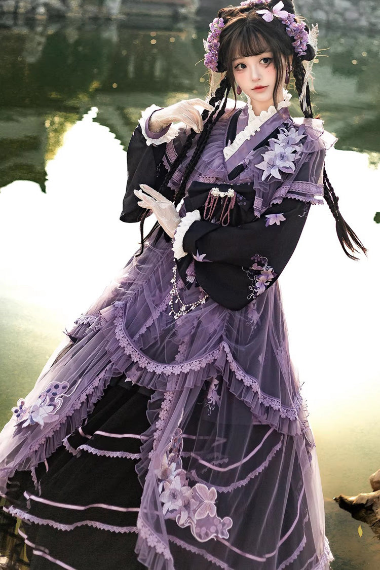 Purple Stand-Collar Embroidered Bow Elegant Chinese-Style Lolita Dress Set