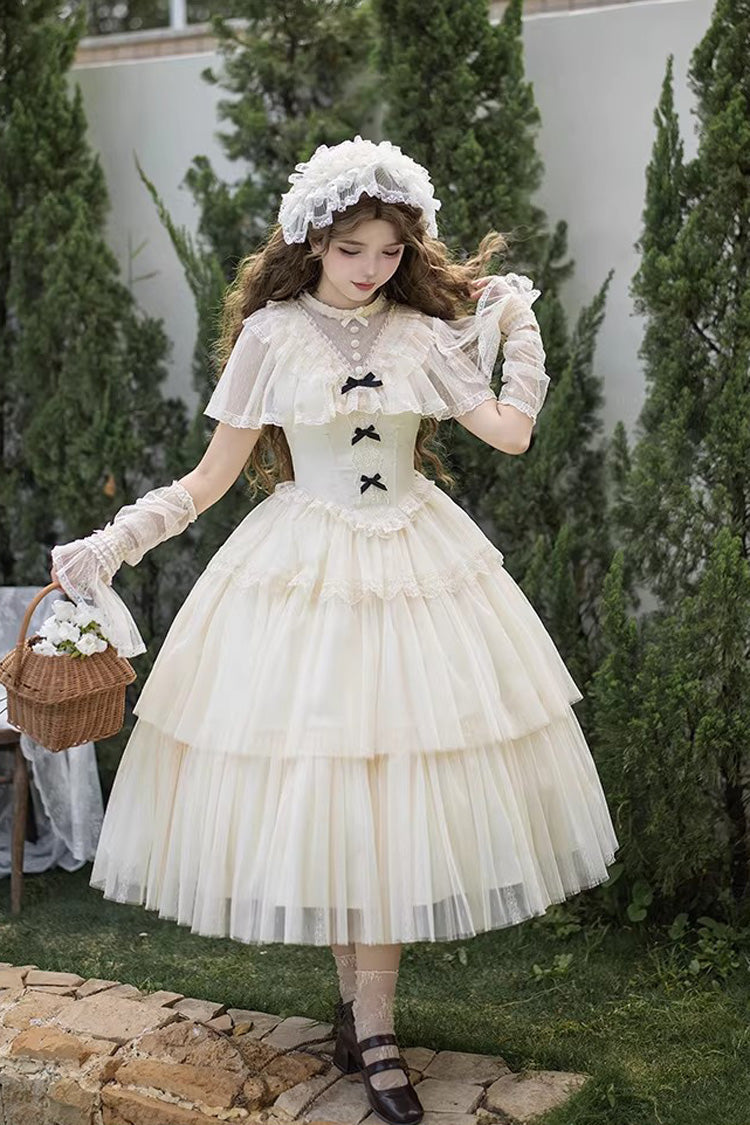 Elegant Sweet Lolita Dress with Edwardian Collar and Ruffled Bow - Ivory