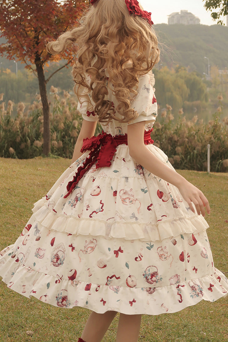 White Apple Tea Printed Country Style Sweet Lolita Dress - Short Sleeved Ruffled