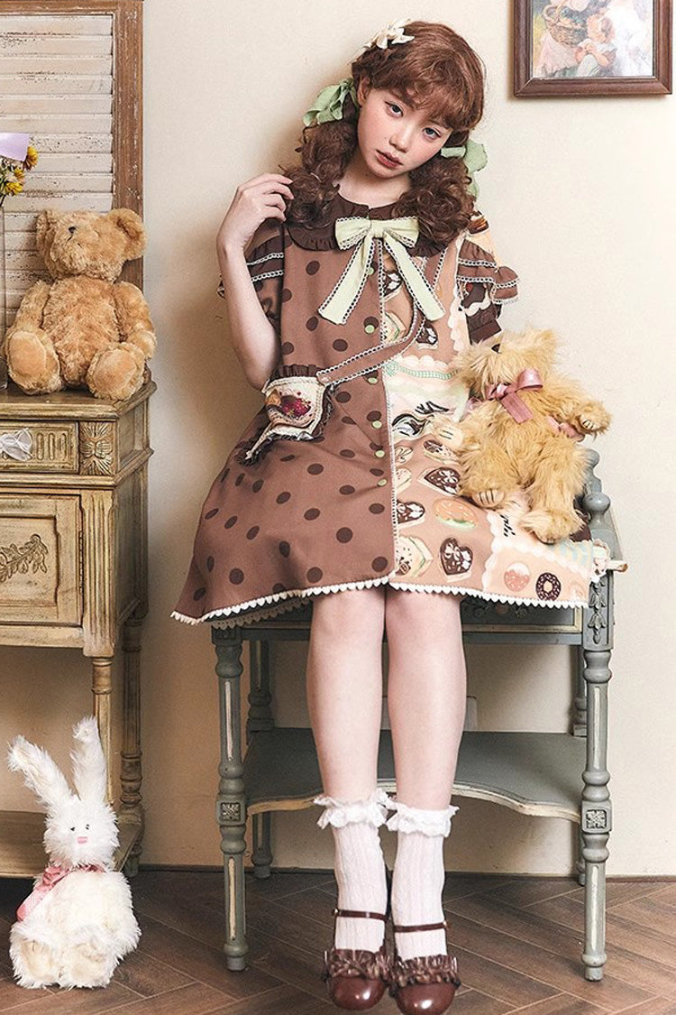 Chocolate Dessert Cake Printed Short Sleeved Ruffled Bow Lolita Dress