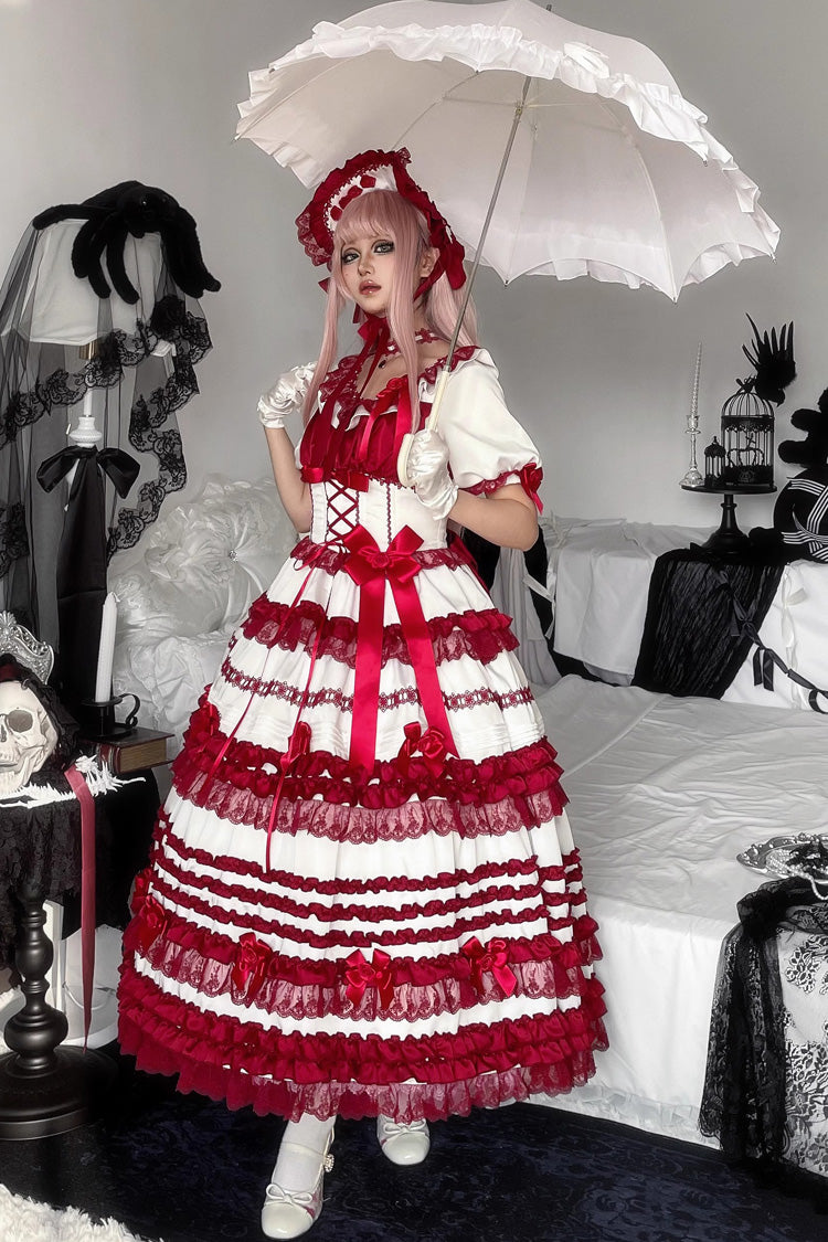 Ivory and Ruby Velvet Short Sleeve Ruffled Ribbon Lace Sweet Lolita Dress