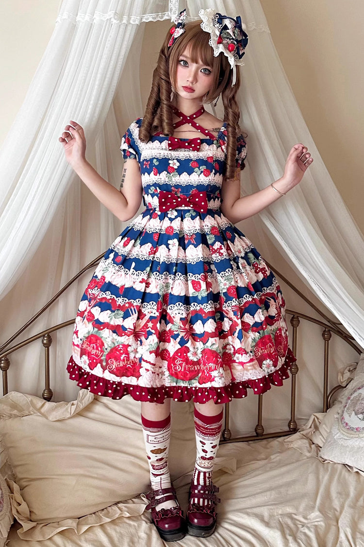 Cream Berry Fairy Red/Blue Short Sleeves Printed Ruffled Bow Sweet Lolita Dress - Miss Brown