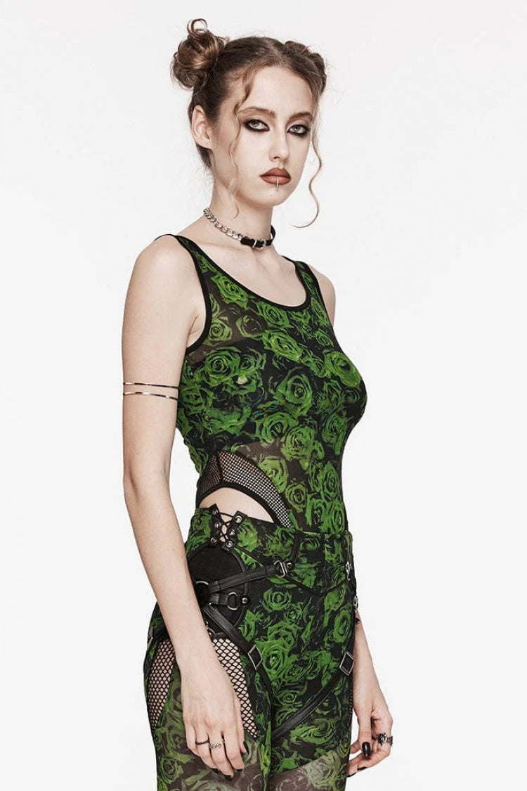 Sleeveless Lace Mesh Sheer Steampunk Bodysuit with Print