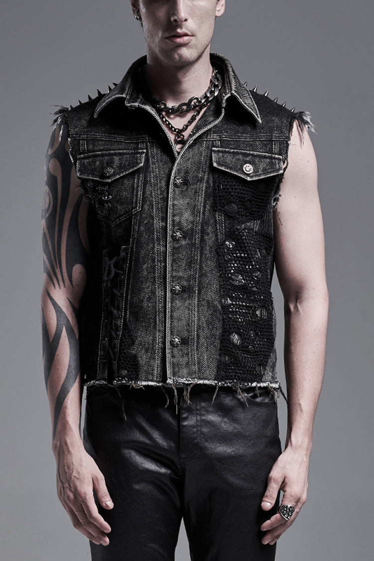 Vintage Denim Vest with Rivets and Lapel Collar for Men