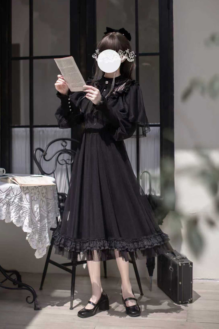 Midnight Lace-Sleeved Bow Detail Elegant Gown - Enchanted Nightdream