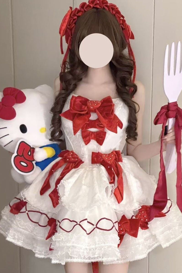 Ivory and Red Jasmine Rain Strawberry Square Neck Sleeveless Triple-Layer Jacquard Bow Lolita JSK