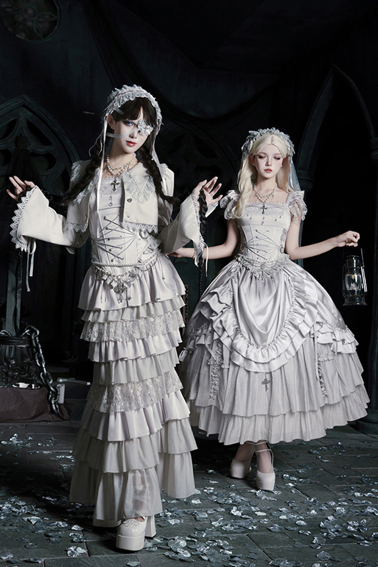 Bionic Doll Square Collar Gothic Lolita Corset Set with Fishtail Skirt, Multi-Layer Ruffles