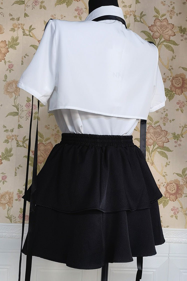 Black/White Ruffle Asymmetric Gothic Jirai Kei Skirt Blouse Set