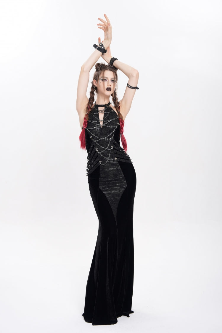 Edgy Black Chain-Strap Sleeveless Rivet Halter Punk Dress