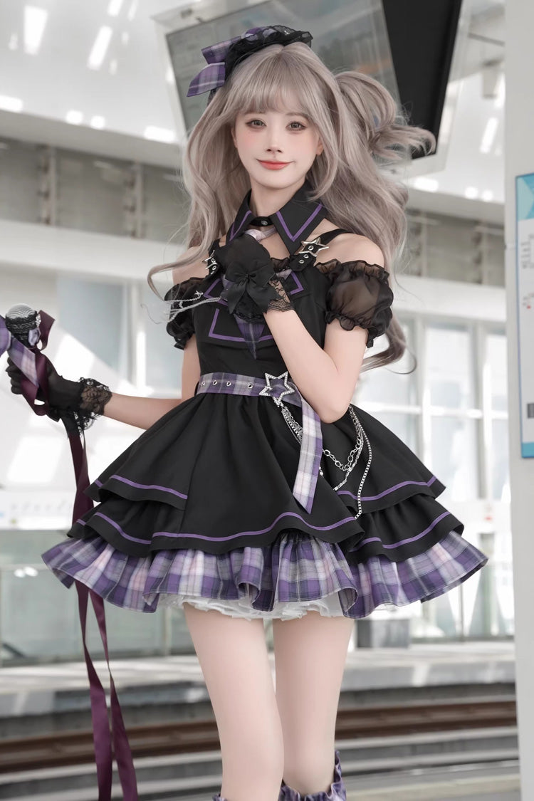 Dark Night Rose Violet Boat Neck Plaid Ruffled Chain-Decorated Gothic Lolita Dress - Dark Night Rose