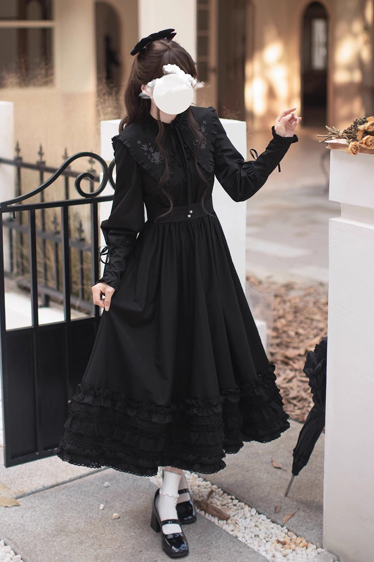 Black Long Sleeve Embroidered Bow Gothic Vintage Dress - Wind Kissed Tulips