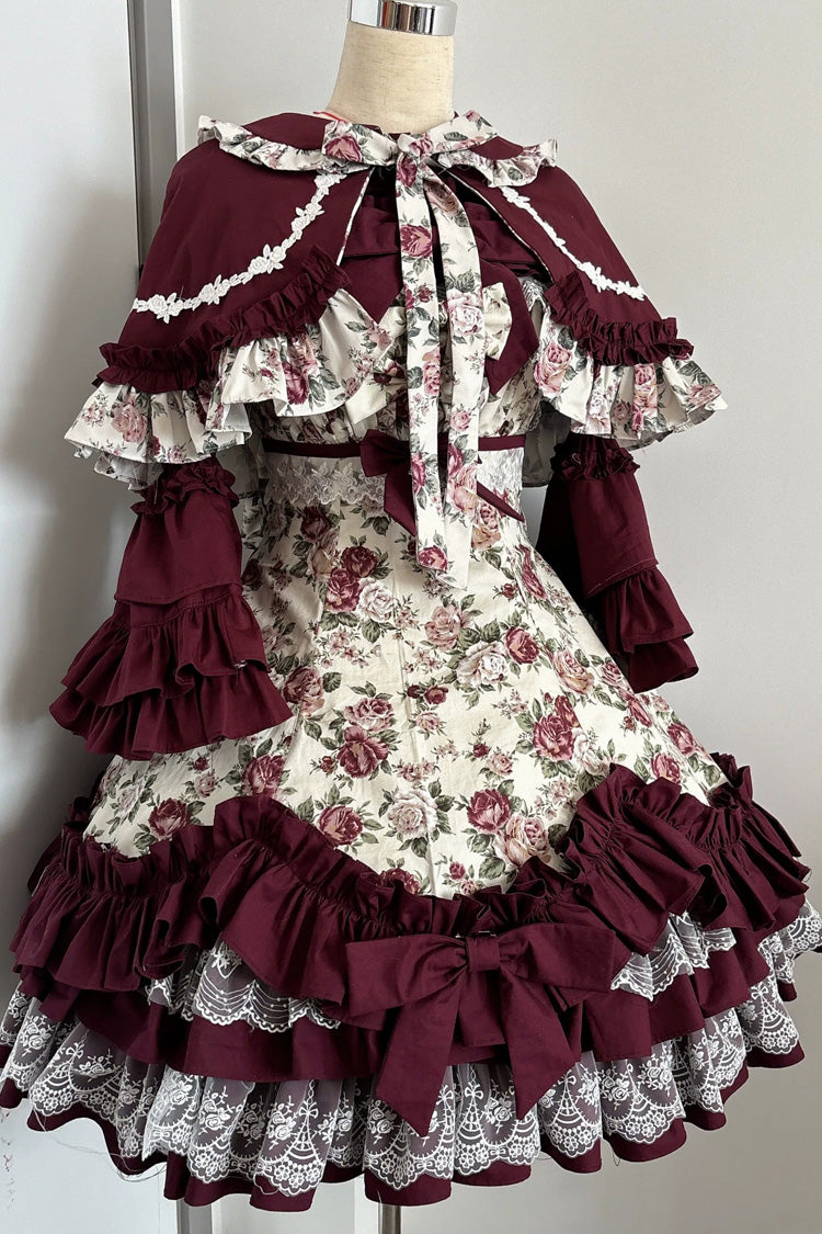 Burgundy Off-Shoulder JSK Dress with Ruffled Lace