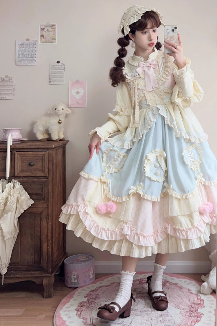 Sleeveless Multi-Layer Ruffle Bow Lace Sweet Lolita Jumper Dress Long - Multi Color