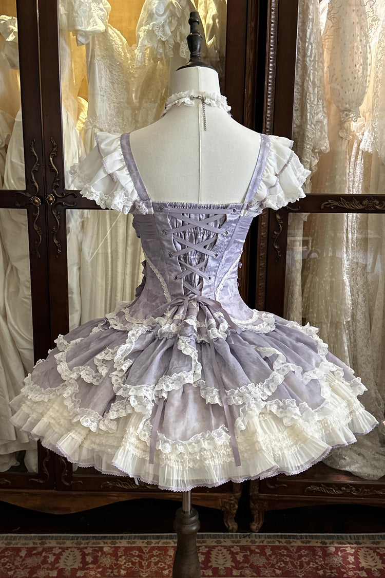 Floral Dream Violet Multi-Layered Ruffle Embroidery Lace-Up Ballet Lolita JSK - Floral Dream