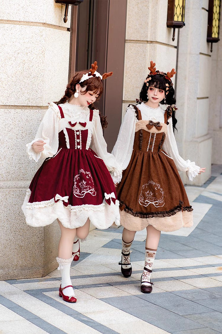 Autumn Winter Lolita JSK with Deer Print & Bowknot Embroidery