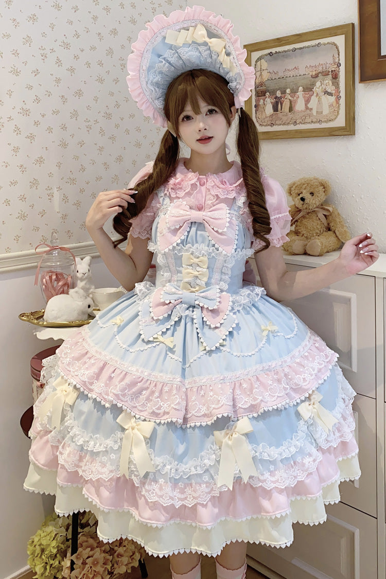 Blue Pink Fondant Cake Sleeveless Layered Ruffle Bow Lace Sweet Jsk Dress