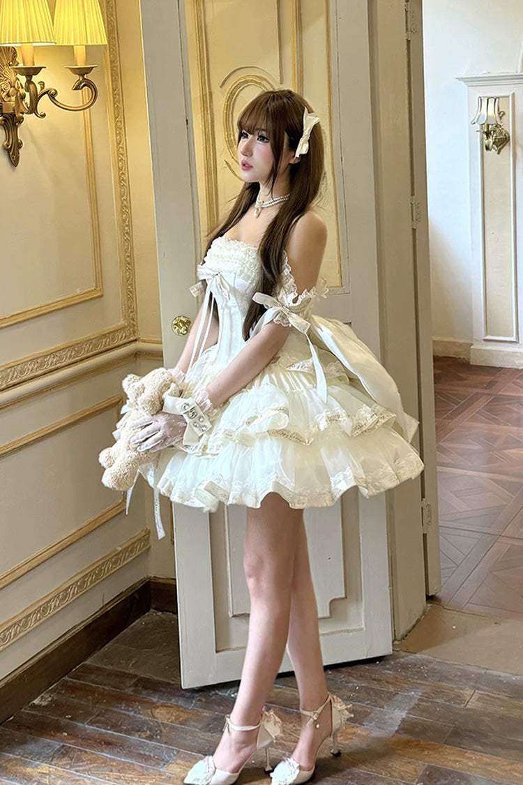 Apricot Sweet Lolita Dress with Off Shoulder Triple-Layer Ruffles and Bowknot Accents