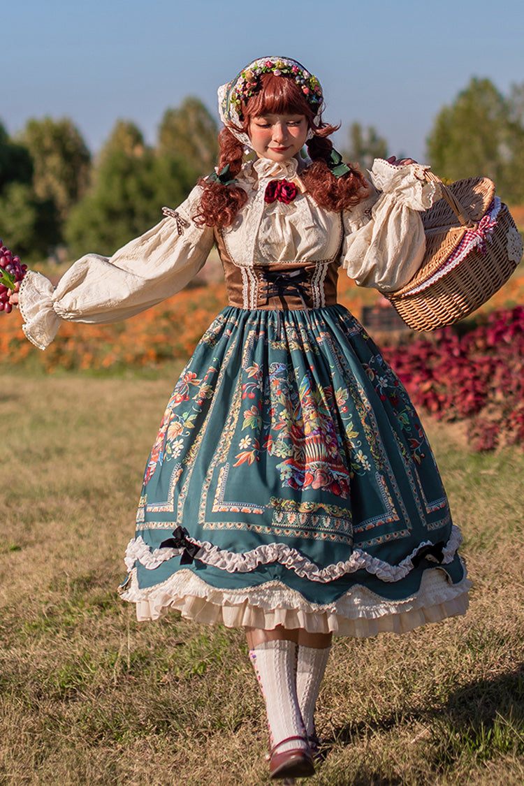 Green Velvet Classic Lolita JSK Dress with Berries and Birds Print Ruffle Bowknot