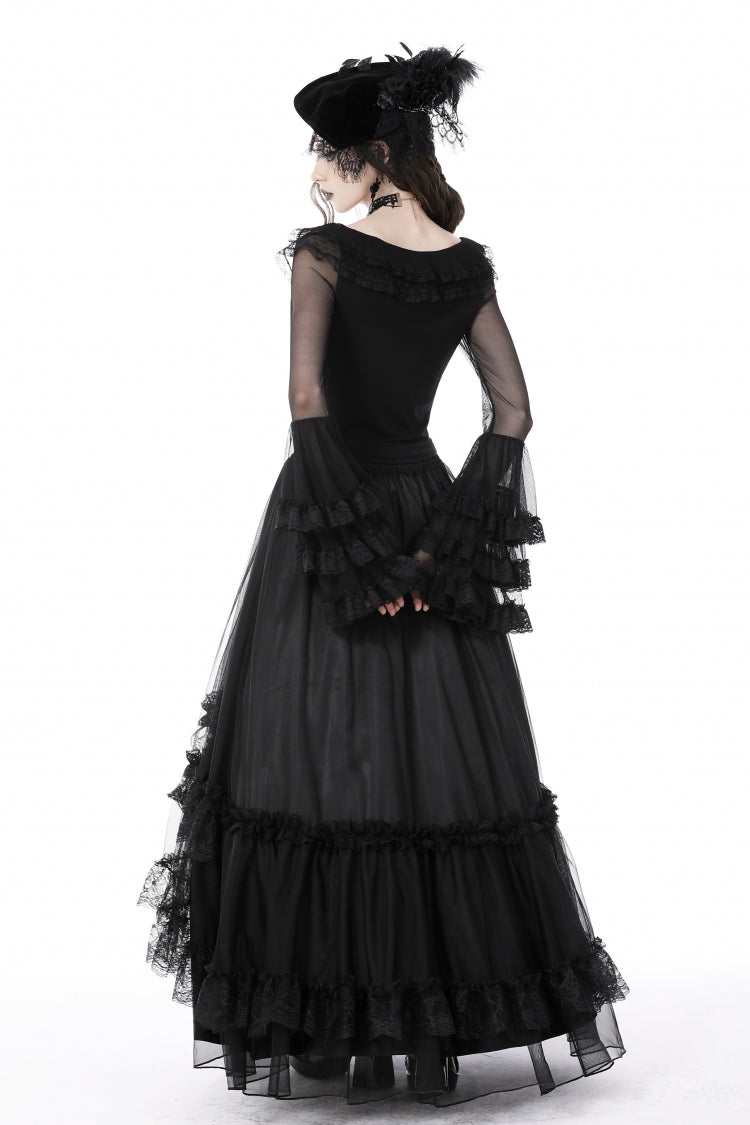 Gothic Women's Top with Trumpet Sleeves and Ruffles, Black