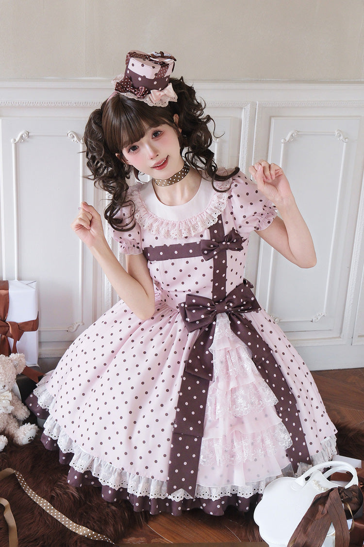 Canelé Gift Box Round Collar Short Sleeves Double-Layered Printed Polka Dot Ruffled Open-Front Bow Asymmetric Sweet Lolita Dress - Pink