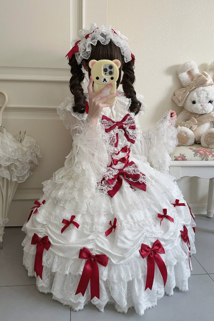 Ivory and Red Silk Gift Box Square Neck Sleeveless Layered Ruffled Bow Lace Sweet Lolita JSK