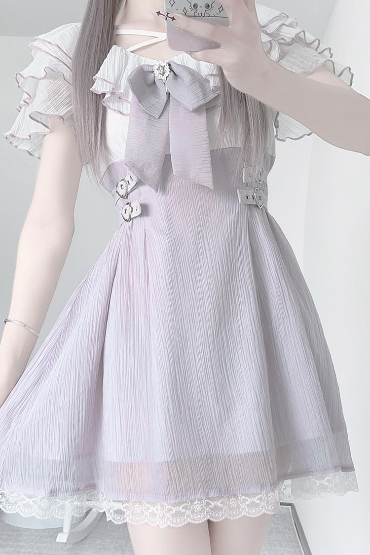 Mauve Ruffled Bow Lace Short-Sleeve Japanese Street Style Dress